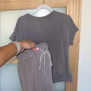 Gray Ribbed Knit Top and Pants Set